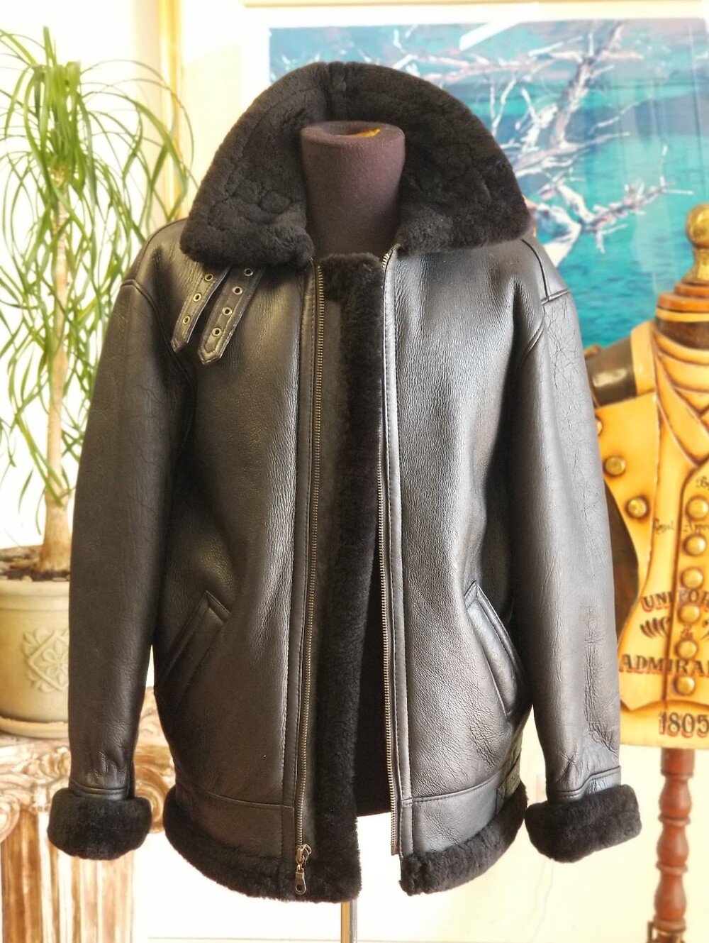 Men's Black Shearling Bomber Jacket - Picture 3 of 11